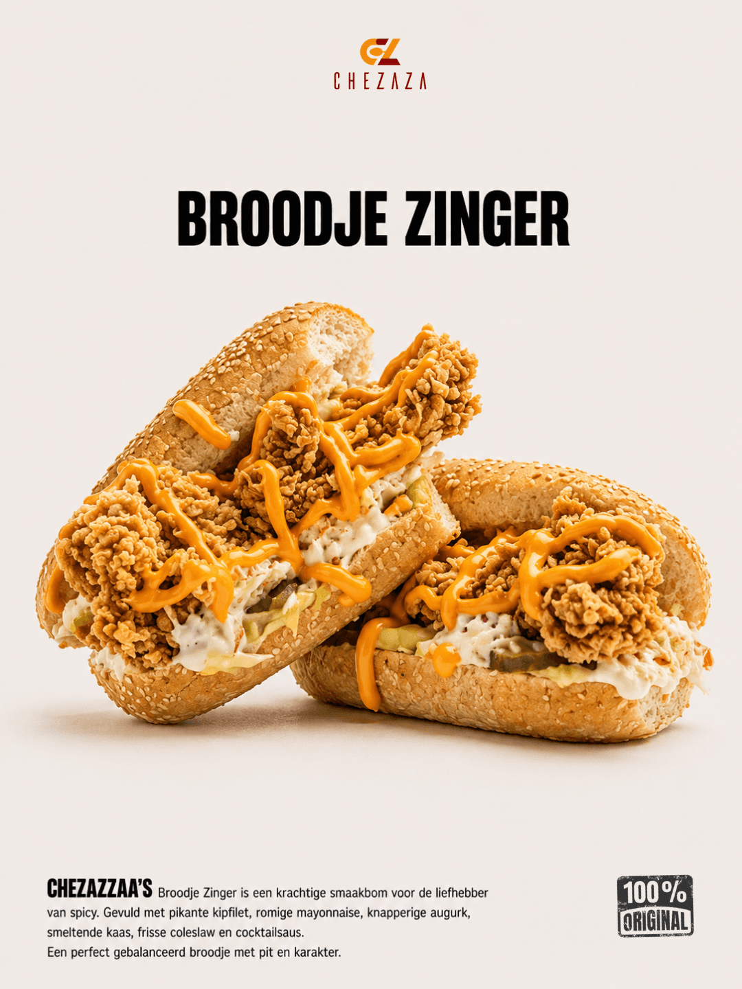 Campagnevisual van Chezaza voor de Broodje Zinger, met krokante kip, coleslaw en pittige saus